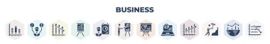filled business icons set. glyph icons such as cylindrical data graphic, worker money time, descending data analytics line graphic, data analytics graphic on a presentation screen, person in