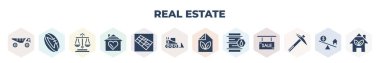 filled real estate icons set. glyph icons such as construction truck, rugby balls, law scales, home with a heart, solar panels, construction vehicle, house with tree leaf, oil drum, pick tool,