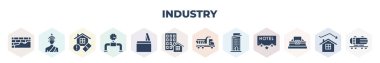 filled industry icons set. glyph icons such as plastering, great buddha, debt, gauge, joint, real estate agency, dumper, condo, head light, vector.