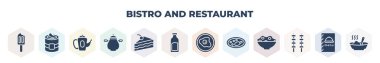 filled bistro and restaurant icons set. glyph icons such as ice pop, mermelade tin, vintage teapot, bistro pot, cake piece with cream, milk brick, restaurant fried egg, combine meal, two brochettes,