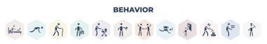 filled behavior icons set. glyph icons such as laptop chatting on bed, stick man push up, old man walking, going to work, man with baby stroller, with mobile phone, two friends, diving, welding,