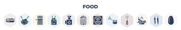 Filled Food Icons Set Glyph Icons Spaguetti Rice Bowl Sardines — Vector de stock