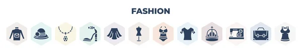 Filled Fashion Icons Set Glyph Icons Sweater Pocket Fedora Accesory — Stockvector