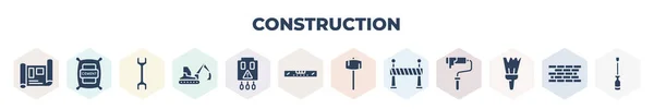 Filled Construction Icons Set Glyph Icons Blueprint Cement Wrench Excavator — 스톡 벡터