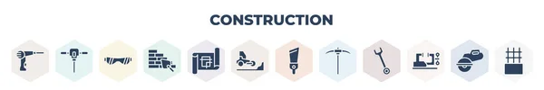 Filled Construction Icons Set Glyph Icons Cordless Drill Jackhammer Safety — Wektor stockowy