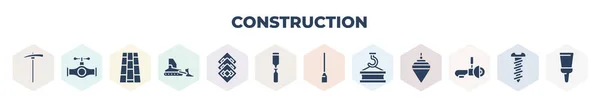 Filled Construction Icons Set Glyph Icons Hoe Pipe Paving Bulldozer — Vetor de Stock