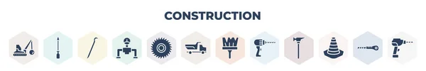 Filled Construction Icons Set Glyph Icons Demolition Screwdrivers Crowbar Gas — Stockvektor