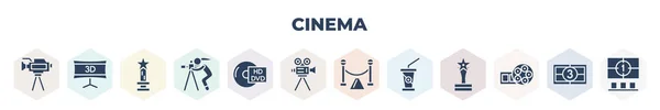 Filled Cinema Icons Set Glyph Icons Proffesional Video Camera Dimension — Vetor de Stock