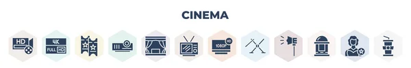 Filled Cinema Icons Set Glyph Icons Video Fullhd Cinema Ticket — Stockvector