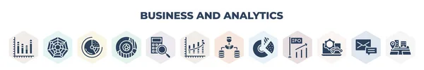 Filled Business Analytics Icons Set Glyph Icons Bar Chart Radar — Wektor stockowy