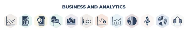 Filled Business Analytics Icons Set Glyph Icons Line Chart Mobile — Stockvector