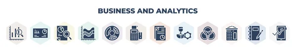 Filled Business Analytics Icons Set Glyph Icons Bar Stats Hash —  Vetores de Stock