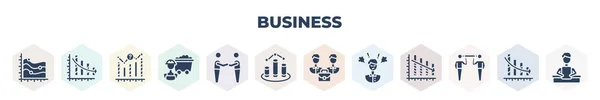 Filled Business Icons Set Glyph Icons Continuous Data Graphic Wave —  Vetores de Stock