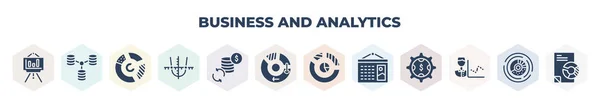 Filled Business Analytics Icons Set Glyph Icons Bars Graphic Screen — Vector de stock