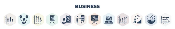 Filled Business Icons Set Glyph Icons Cylindrical Data Graphic Worker — Stok Vektör