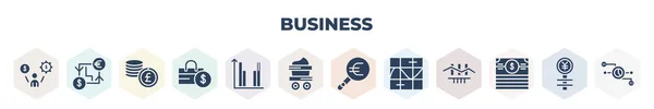Filled Business Icons Set Glyph Icons Man Money Gears Dollar — Διανυσματικό Αρχείο