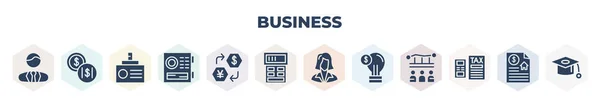 Filled Business Icons Set Glyph Icons Man Solutions Currencies Journalist — Διανυσματικό Αρχείο