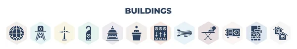 Filled Buildings Icons Set Glyph Icons Earth Grid Water Deposit — 图库矢量图片