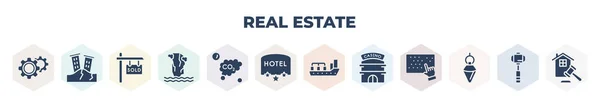 Filled Real Estate Icons Set Glyph Icons Cogwheels Earthquake Post — стоковый вектор