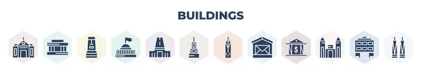 Filled Buildings Icons Set Glyph Icons Embassy Lincoln Memorial Rapa — Stockový vektor
