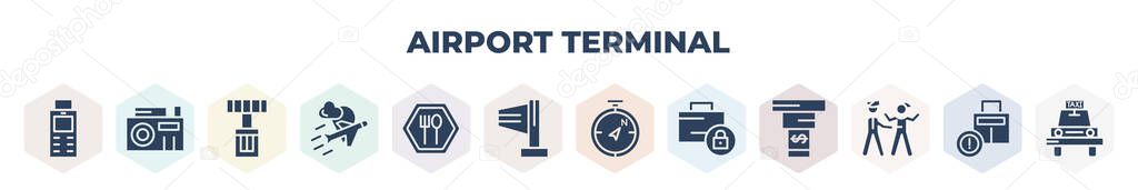 filled airport terminal icons set. glyph icons such as airport atm, vintage camera, airport radar, air company, clutery for lunch, right wing, compass pointing north east, luggage security,