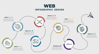 infographic template design with web icons. timeline concept with 7 options or steps. included home button, overlay, multitasking man, close envelope, world wide web on grid, slider, interlinked
