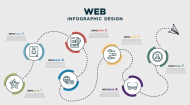 infographic template design with web icons. timeline concept with 7 options or steps. included web mark as favorite star, download file, page ting interface, web stocks data line graphic interface,