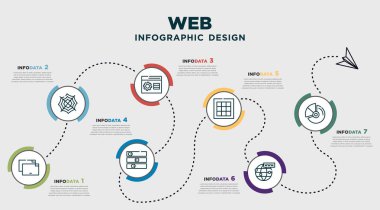 infographic template design with web icons. timeline concept with 7 options or steps. included tab, cobweb and spider, favorite up, on slider, grid on, world web, circular graphic. can be used web,