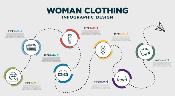 infographic template design with woman clothing icons. timeline concept with 7 options or steps. included handbag elegant, eyes shades makeup, female dress, rectangular eyeglasses, female swimsuit,