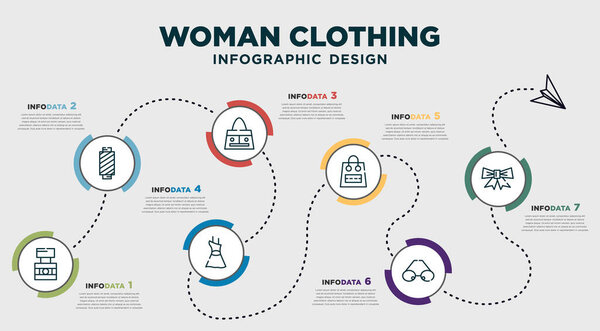 infographic template design with woman clothing icons. timeline concept with 7 options or steps. included parfume, cylindrical lamp, fashionable hand bag, sexy feminine dress in black, female black