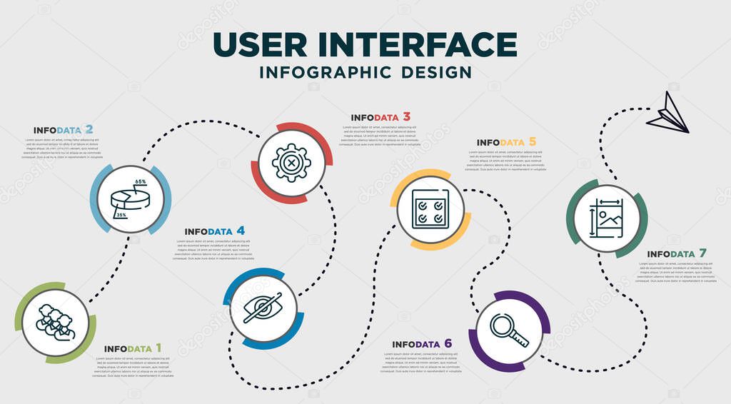 infographic template design with user interface icons. timeline concept with 7 options or steps. included humans, percentage chart, bad tings, hidden, comparision table, search shot interface with a