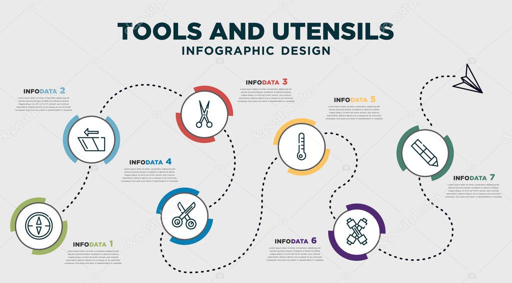 infographic template design with tools and utensils icons. timeline concept with 7 options or steps. included orientation compass, shear, open scissors, scissors inverted view, thermometers, cross