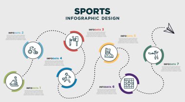 infographic template design with sports icons. timeline concept with 7 options or steps. included person riding on sleigh, bicycle for children, basketball player scoring, sportive man playing with