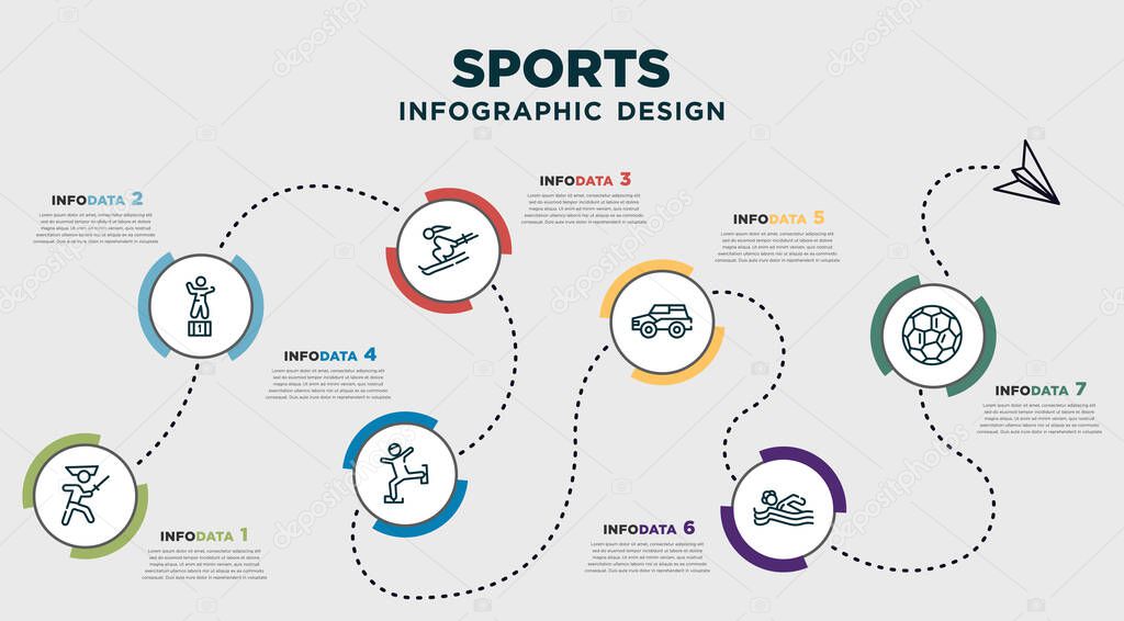 infographic template design with sports icons. timeline concept with 7 options or steps. included medieval fencing, number one athlete, skiing down hill, ice skating man, drift car, swimming man,
