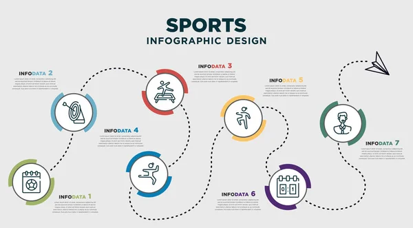 infographic template design with sports icons. timeline concept with 7 options or steps. included match, bullseye, trampolining, mixed martial arts, wushu, scoreboard, commentator. can be used web,