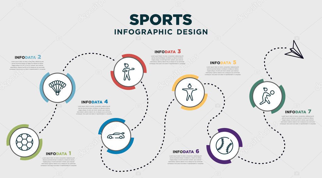 infographic template design with sports icons. timeline concept with 7 options or steps. included football ball, parachute, aikido, rallycross, excercise, softball, volleyball. can be used web, info