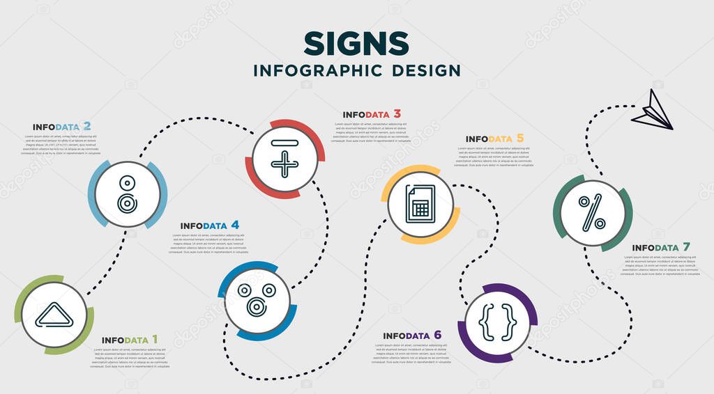 infographic template design with signs icons. timeline concept with 7 options or steps. included triangles, reason, less plus, therefore, document sheets, parentheses grouping, percent for hundred.