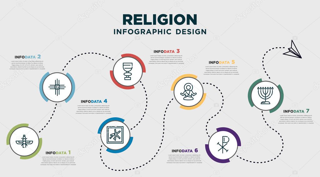 infographic template design with religion icons. timeline concept with 7 options or steps. included faravahar, native american sun, holy chalice, confucianism, monk, chi rho, menorah. can be used