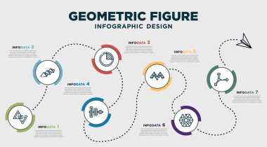 infographic template design with geometric figure icons. timeline concept with 7 options or steps. included triangles couple, row, segment, vertical alignment, triangular shapes forming waves, star