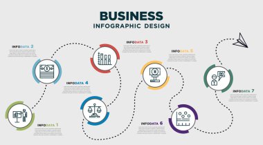 infographic template design with business icons. timeline concept with 7 options or steps. included man presentation, american dollar bill, column chart, scale in balance, yen currency, scatter
