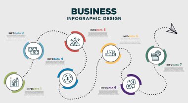 infographic template design with business icons. timeline concept with 7 options or steps. included graphic arrow, dollar bills, stack of gold, dollar, ranking factor, money convert, dollar coins
