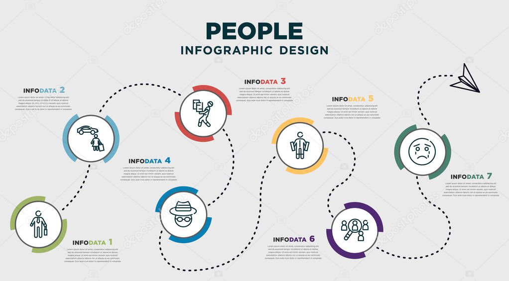 infographic template design with people icons. timeline concept with 7 options or steps. included salesman working, man with car and suitcase, men carrying a box, hat and glasses, judge hammer,