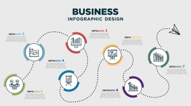 infographic template design with business icons. timeline concept with 7 options or steps. included men couple, continuous data graphic wave chart, stock dealing, data analytics graphic on a