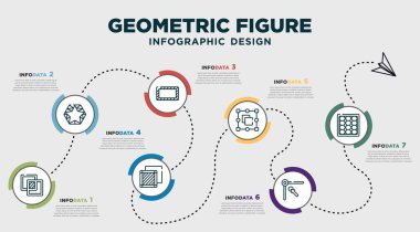 infographic template design with geometric figure icons. timeline concept with 7 options or steps. included exclude, star in hexagon of small triangles, rectangle, background, bounding box, edit