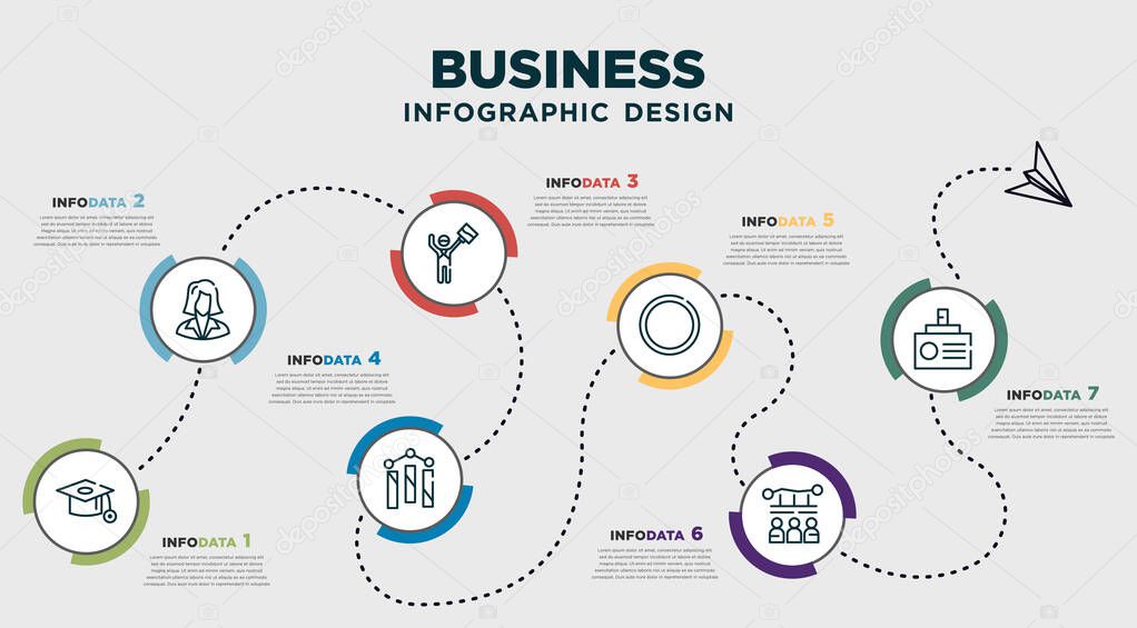 infographic template design with business icons. timeline concept with 7 options or steps. included graduation ceremony, businesswomen, man succesing, bars chart, full circle, increase team work,