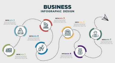 infographic template design with business icons. timeline concept with 7 options or steps. included logistic, coin purse, measuring success, sitting, work parteners, money sack, man with solutions.