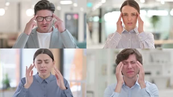 Kolaż różnych ras osób cierpiących na ból głowy — Wideo stockowe
