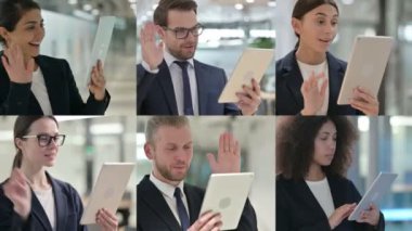 Tablet 'te Video Konuşan Genç İş Adamları Kolajı