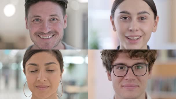 Colaj de față de oameni serioși zâmbind către cameră — Videoclip de stoc