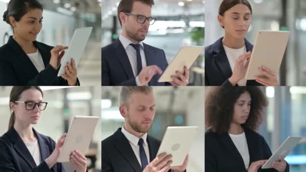 Koláž mladých podnikatelů používajících digitální tablet — Stock video